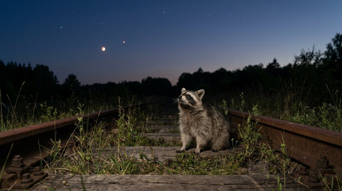 Elon Musk und der Mars: Waschbär auf stillgelegten Gleisen schaut in den Abendhimmel