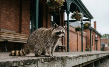 Poetry Slam auf Englisch: ein Waschbär sitzt auf dem Bahnsteig eines Bahnhofs im britischen Stil mit Backstein und Blumenampeln