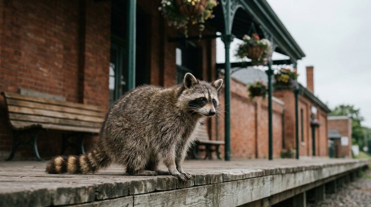Poetry Slam auf Englisch: ein Waschbär sitzt auf dem Bahnsteig eines Bahnhofs im britischen Stil mit Backstein und Blumenampeln