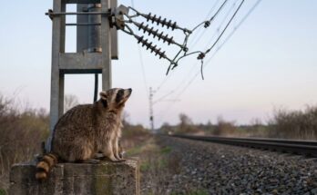 Waschbär am Oberleitungsmast schaut zu den Isolatoren hoch – Enjambement wie eine Trennstelle in der Leitung