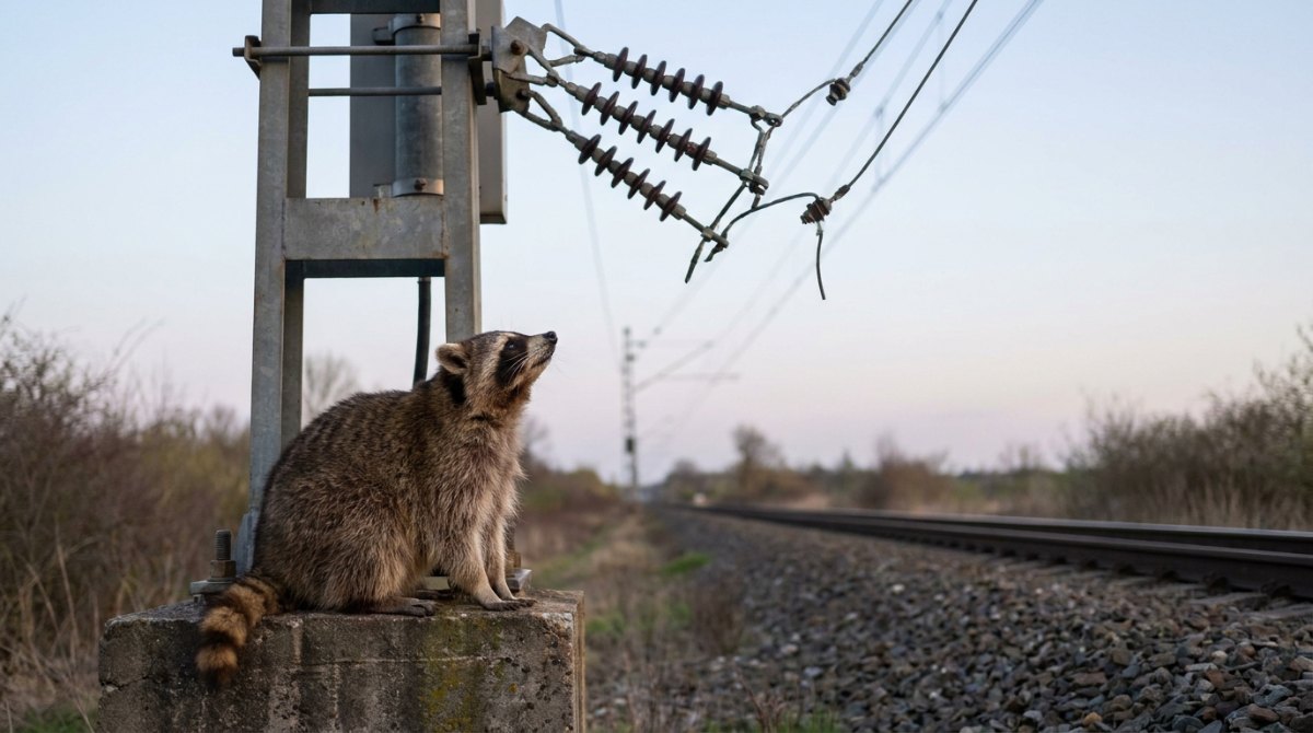 Waschbär am Oberleitungsmast schaut zu den Isolatoren hoch – Enjambement wie eine Trennstelle in der Leitung