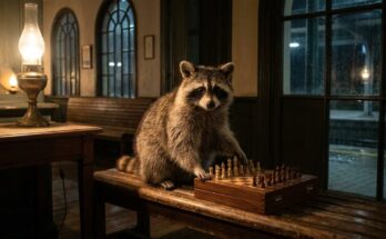 Waschbär sitzt nachts im Wartesaal eines alten Bahnhofs an einem Reiseschach – die Entwicklung als Slammer in drei Phasen