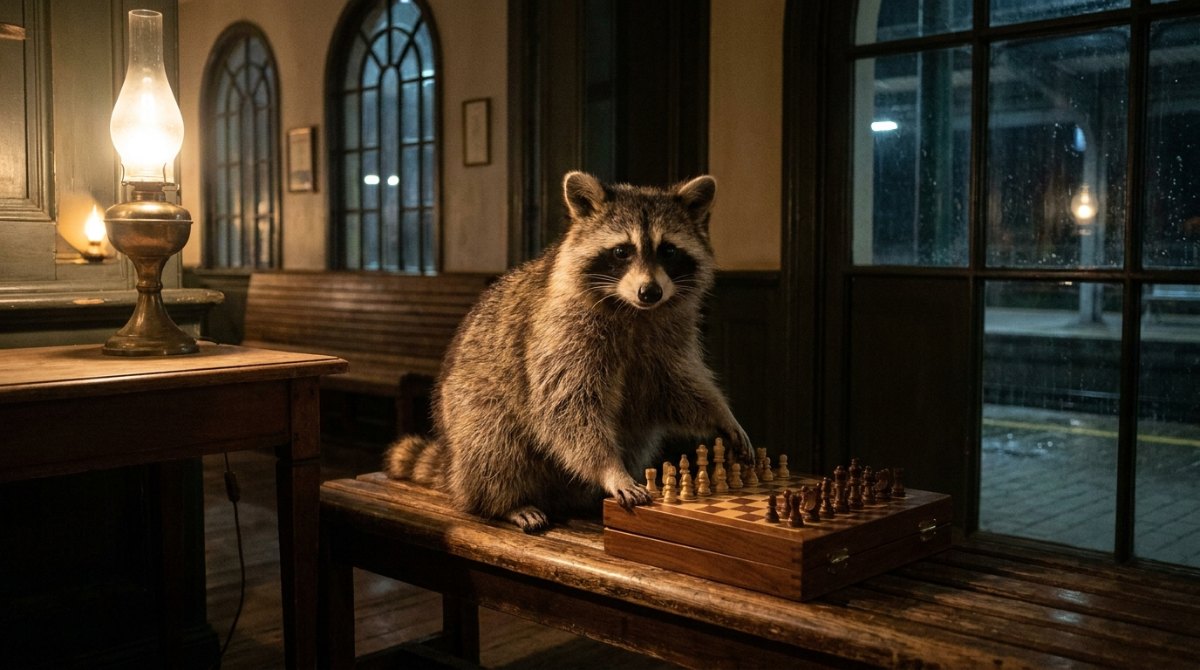 Waschbär sitzt nachts im Wartesaal eines alten Bahnhofs an einem Reiseschach – die Entwicklung als Slammer in drei Phasen