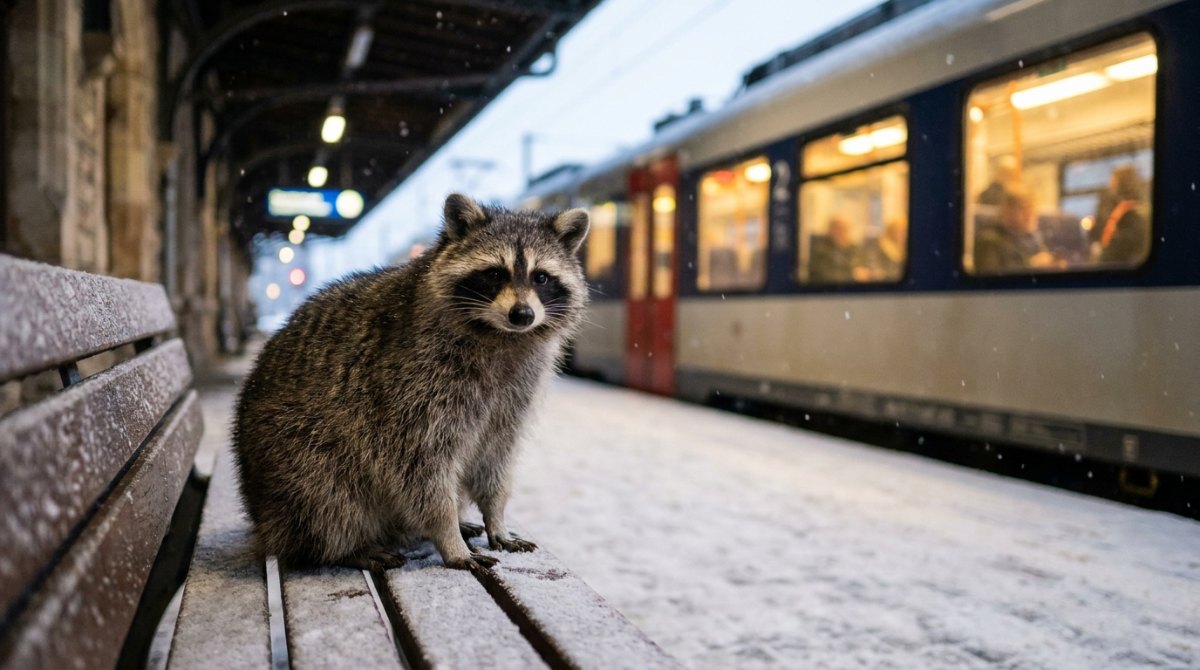 Waschbär sitzt ruhig auf einer verschneiten Bank am Bahnsteig vor einem wartenden Zug – Souveränität in der Entwicklung als Slammer