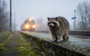 Waschbär am Bahnsteigende im Morgennebel, der erste Zug kommt – der erste Satz im Text