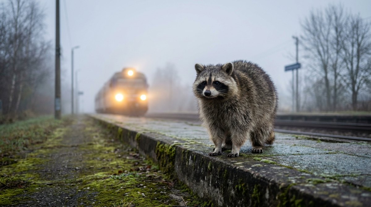 Waschbär am Bahnsteigende im Morgennebel, der erste Zug kommt – der erste Satz im Text