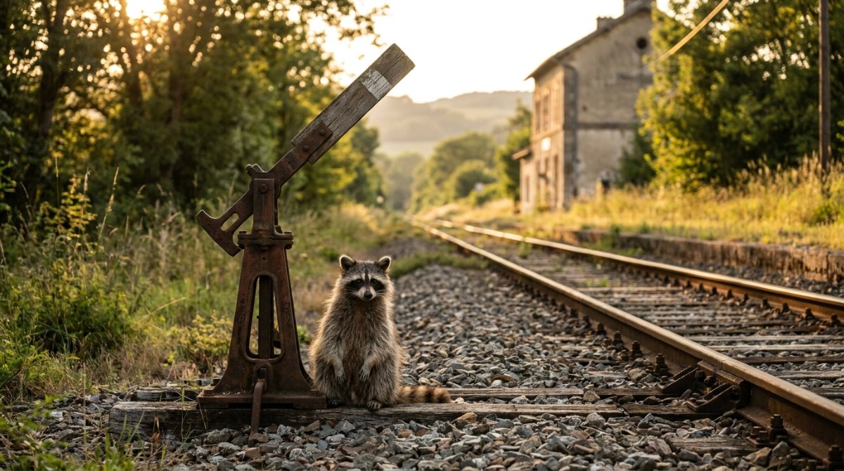 Waschbär sitzt neben einem alten Stellhebel an der Nebenbahn – Regeln für den ersten Satz im Text