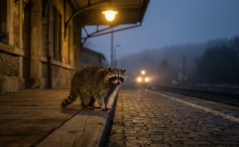 Erster Slam: Waschbär allein am Bahnsteig in der Dämmerung, ein Zug nähert sich