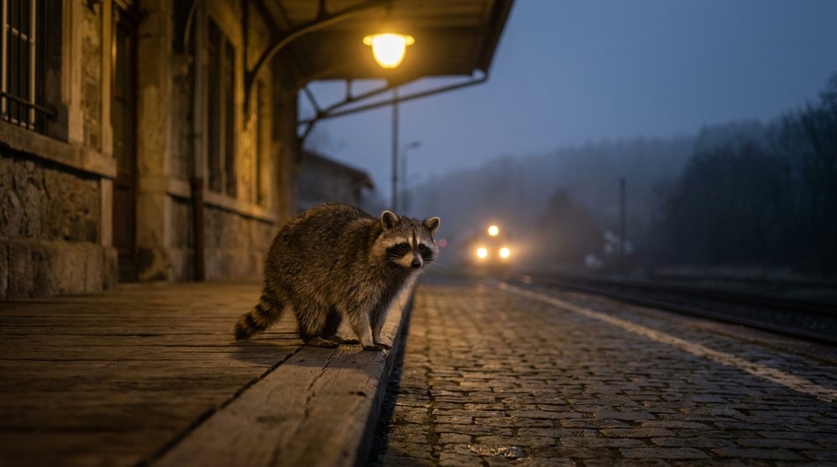 Erster Slam: Waschbär allein am Bahnsteig in der Dämmerung, ein Zug nähert sich