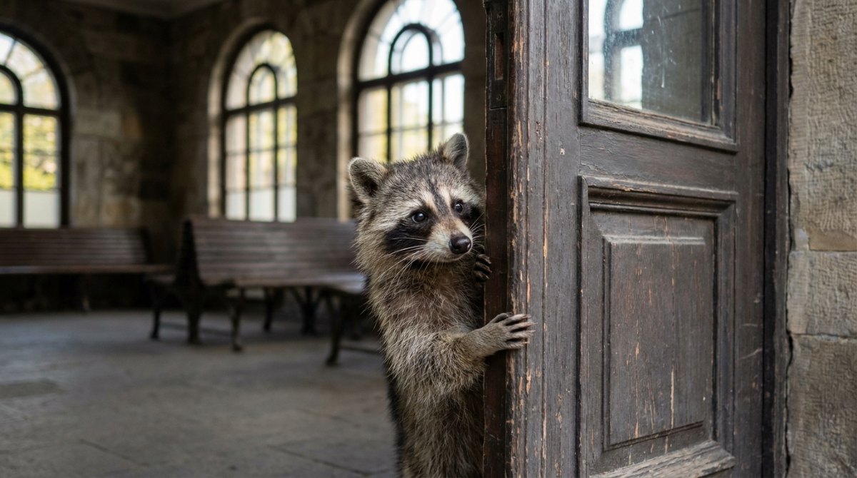 Erster Slam: Waschbär lugt vorsichtig um die Tür des Wartesaals