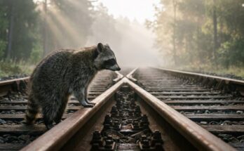 Poetry Slam über das Erwachsenwerden: ein junger Waschbär steht an einer Weiche im Morgennebel