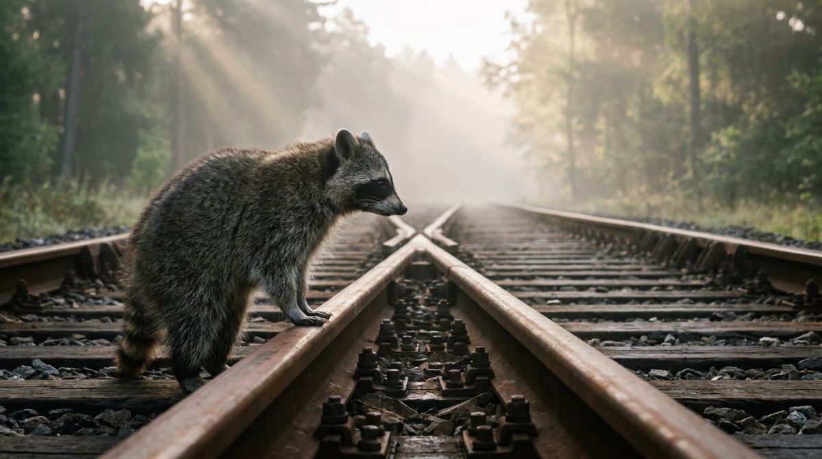Poetry Slam über das Erwachsenwerden: ein junger Waschbär steht an einer Weiche im Morgennebel