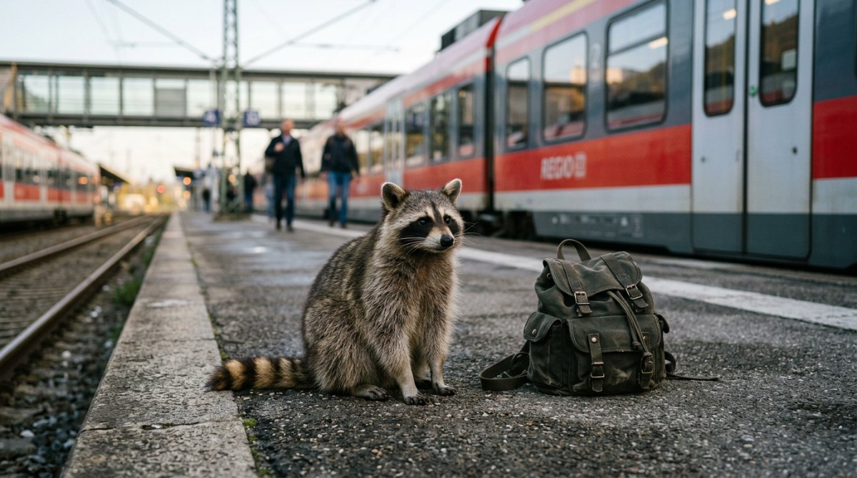 Ein junger Waschbär sitzt mit einem Rucksack am Bahnsteig neben einem wartenden Regionalzug