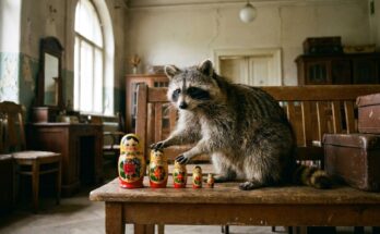 Es ist alles in dir: Waschbär mit geöffneten Matrjoschka-Puppen im alten Wartesaal