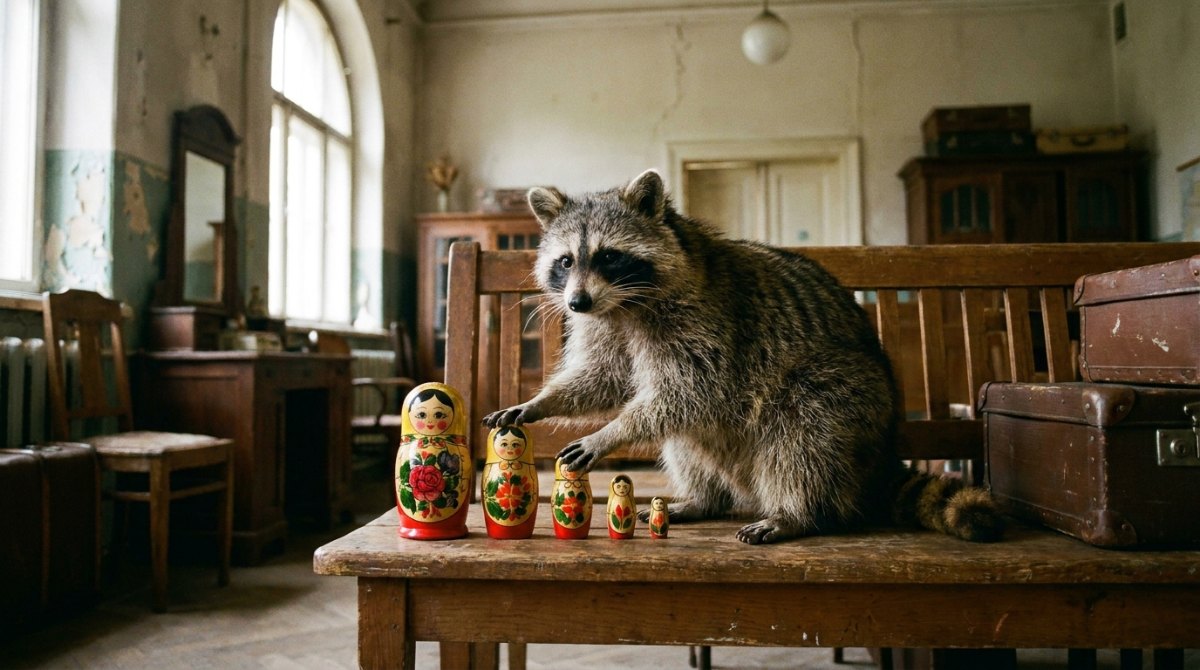 Es ist alles in dir: Waschbär mit geöffneten Matrjoschka-Puppen im alten Wartesaal