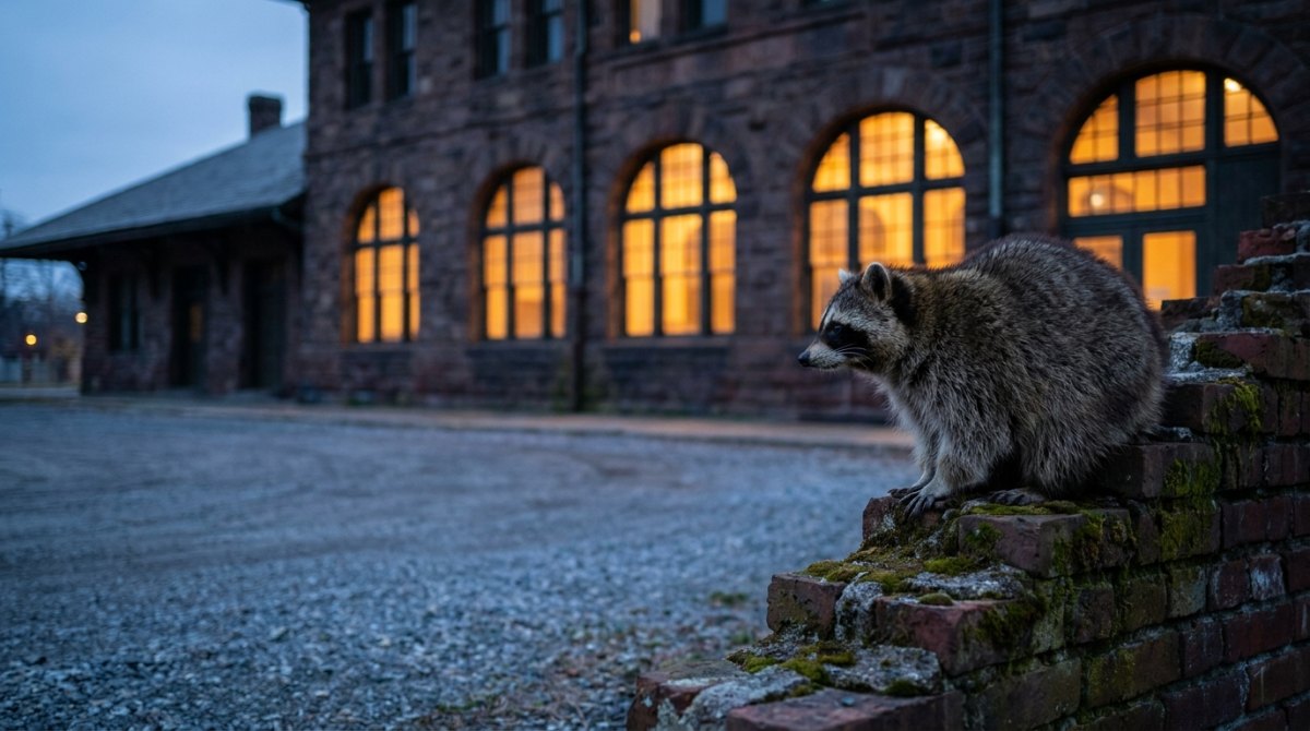 Waschbär auf einer Mauer vor dem beleuchteten Bahnhofsgebäude – es ist alles in dir