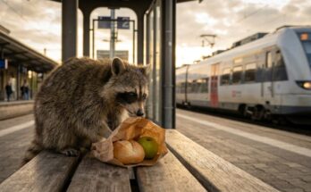 Essen vor Auftritt: Waschbär mit Brötchen und Apfel auf der Bahnsteigbank