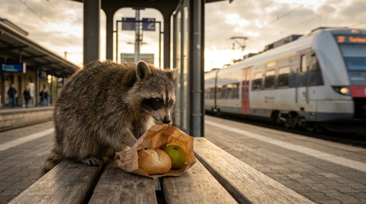 Essen vor Auftritt: Waschbär mit Brötchen und Apfel auf der Bahnsteigbank