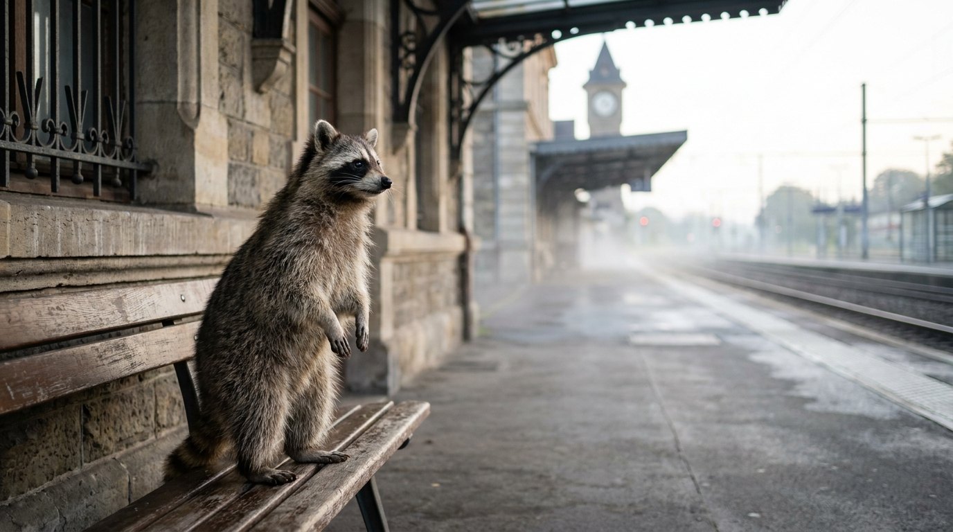 Ein Waschbär steht aufrecht auf einer Bank am Bahnsteig, als wolle er gleich zu sprechen beginnen