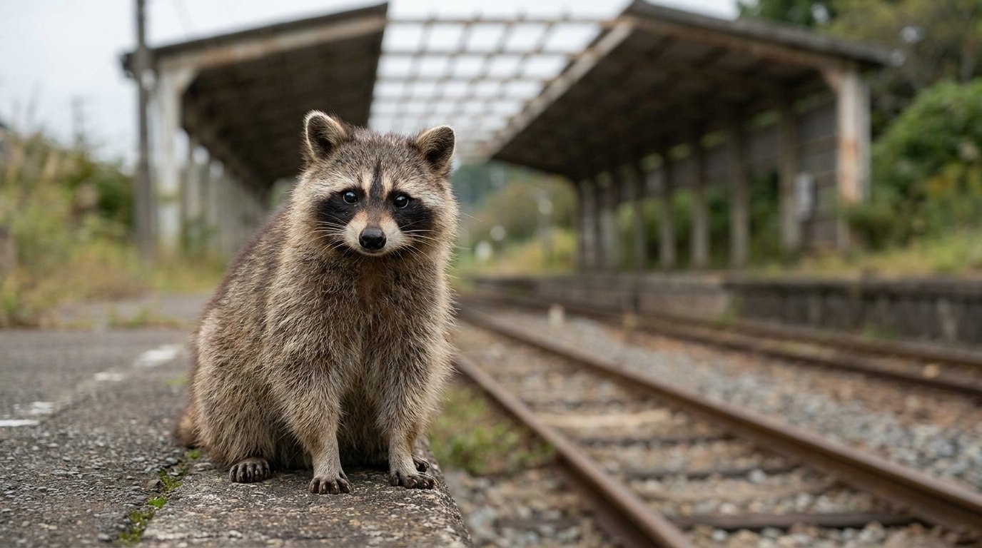 Ein Waschbär sitzt aufmerksam am Bahnsteig und schaut ruhig geradeaus