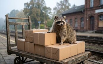 Waschbär auf einem Gepäckkarren voller Pakete am Bahnsteig – Feedback geben wie eine Zustellung