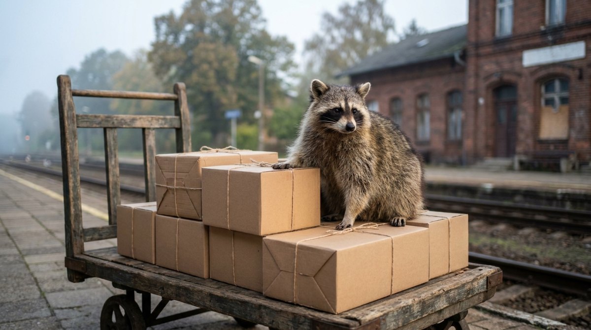 Waschbär auf einem Gepäckkarren voller Pakete am Bahnsteig – Feedback geben wie eine Zustellung