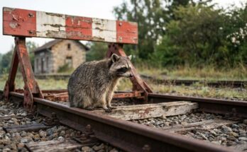 Waschbär sitzt auf einem alten rot-weißen Prellbock am Gleisende – Fehler als Slammer, die man sich hätte sparen können