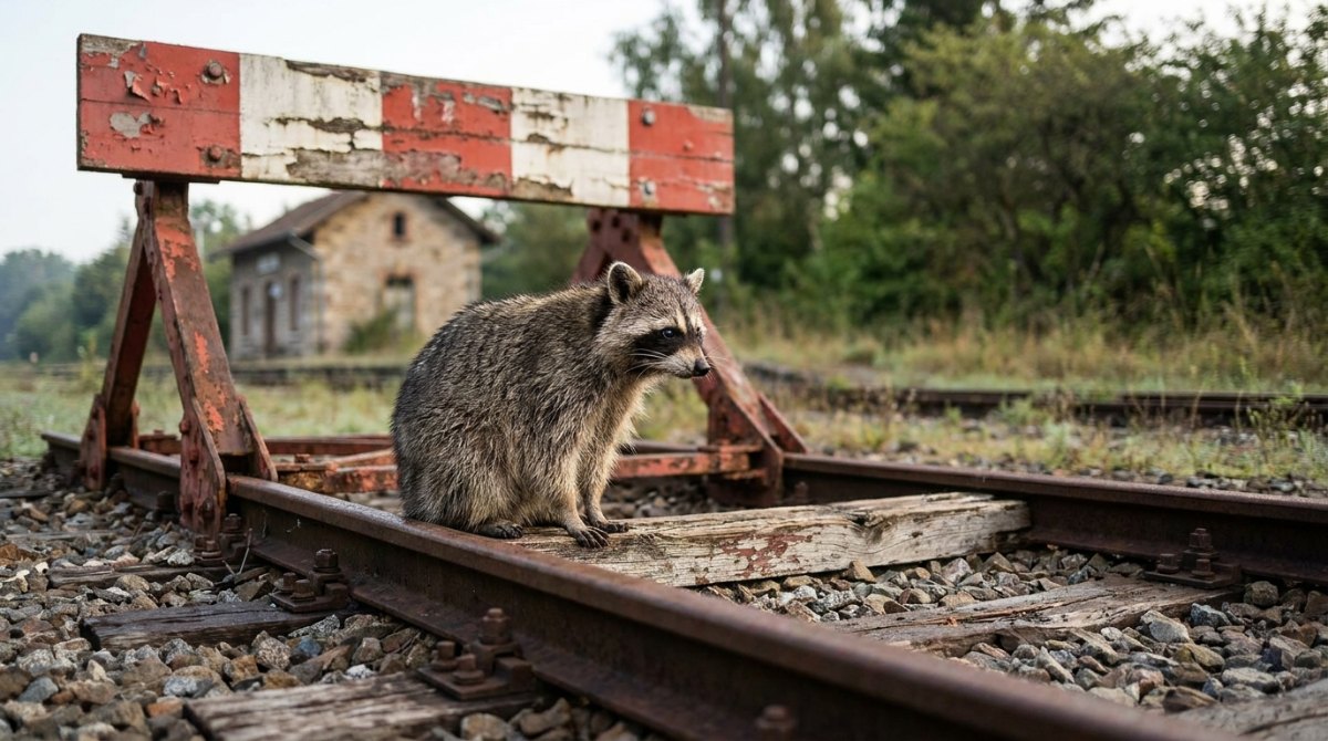 Waschbär sitzt auf einem alten rot-weißen Prellbock am Gleisende – Fehler als Slammer, die man sich hätte sparen können
