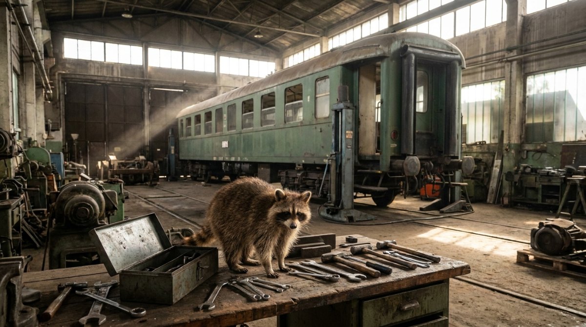 Waschbär auf einer Werkbank im Ausbesserungswerk vor einem alten Reisezugwagen – Fehler als Slammer reparieren