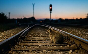 Waschbär sitzt in der Dämmerung an einer Weiche vor einem roten Signal – Fehler auf der Bühne kündigen sich oft vorher an