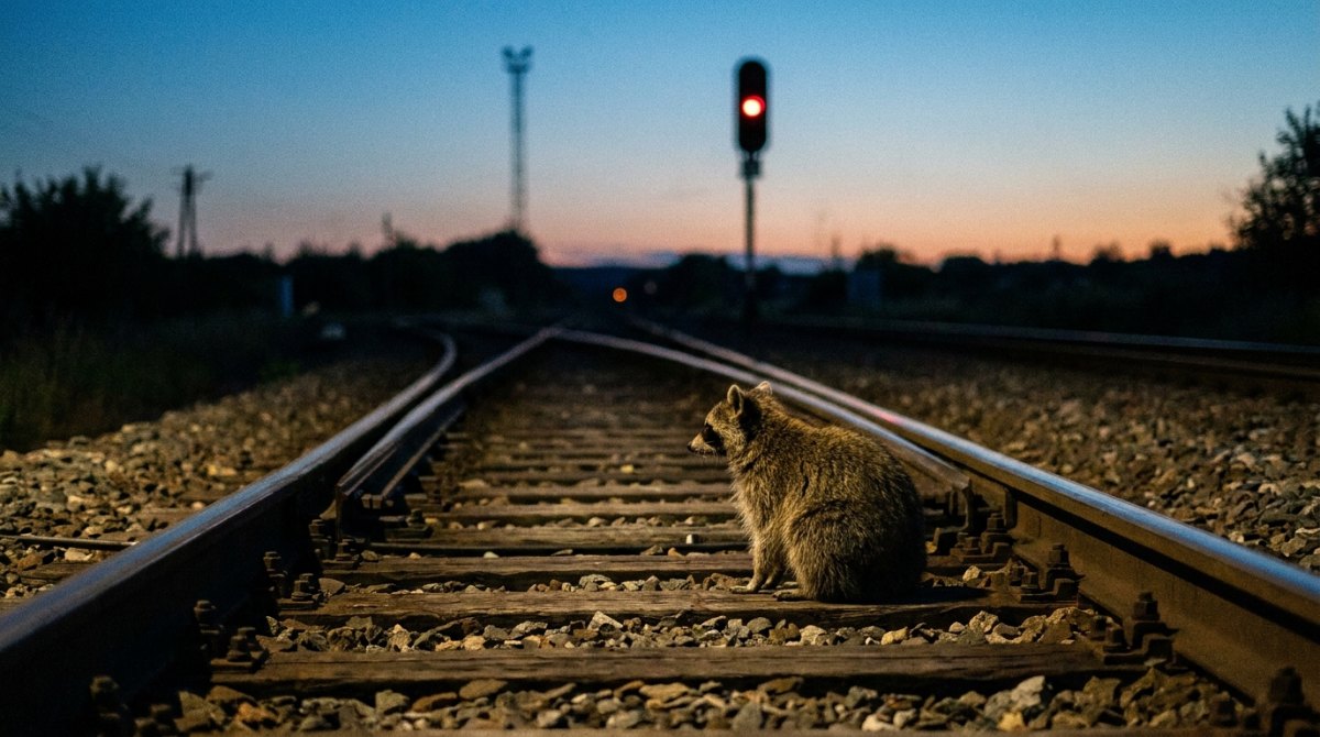 Waschbär sitzt in der Dämmerung an einer Weiche vor einem roten Signal – Fehler auf der Bühne kündigen sich oft vorher an