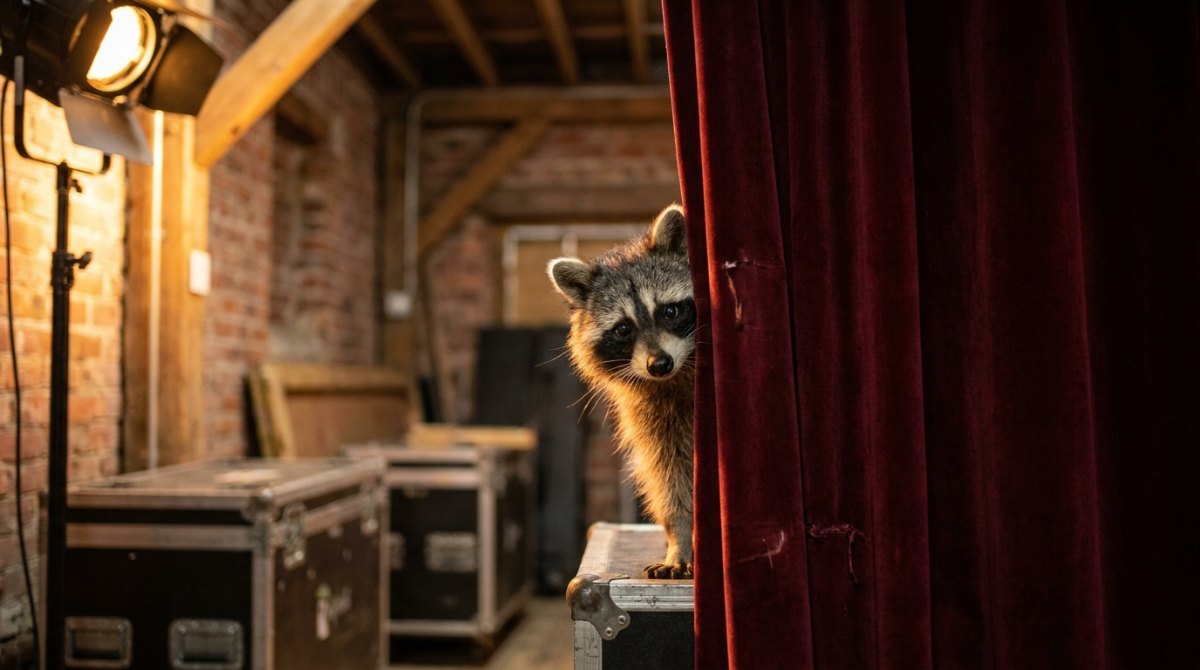 Waschbär späht hinter einem roten Bühnenvorhang hervor – der Blick durch den Vorhang ist einer der typischen Fehler auf der Bühne