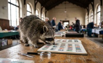 Fehler machen: Waschbär schnuppert bei einer Briefmarkenbörse im alten Wartesaal an einem Album