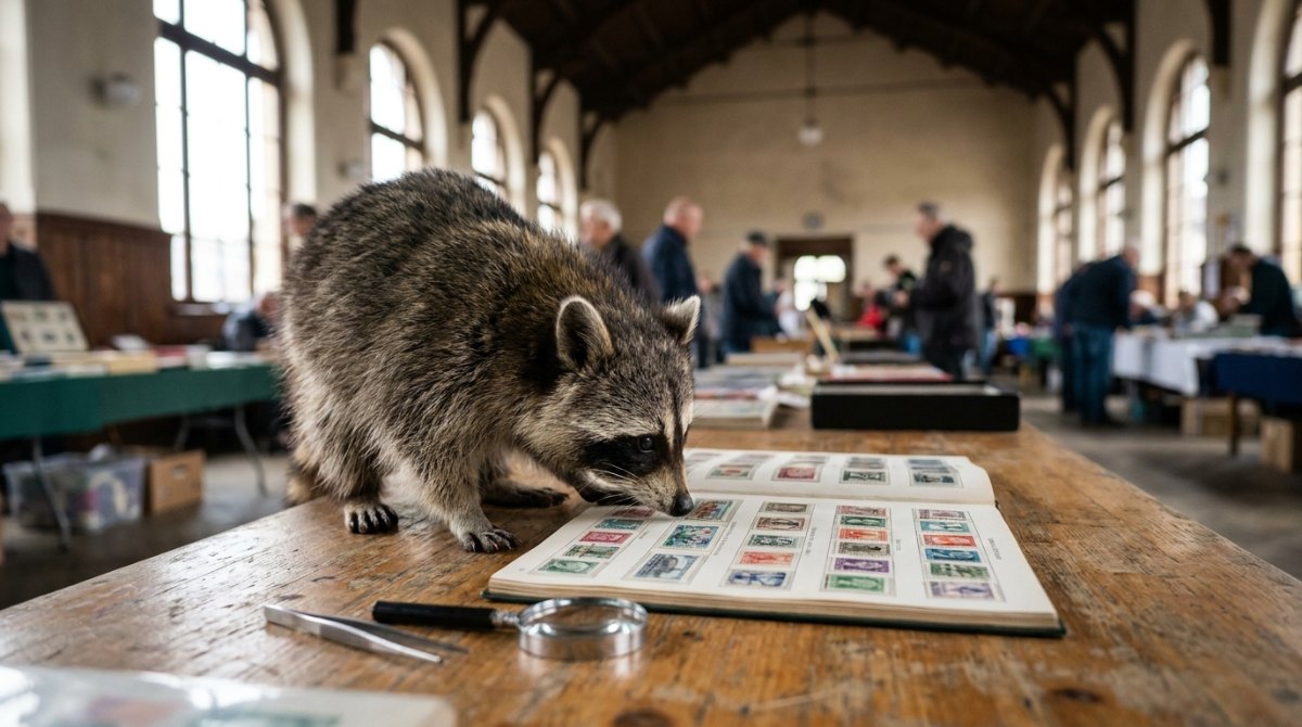 Fehler machen: Waschbär schnuppert bei einer Briefmarkenbörse im alten Wartesaal an einem Album