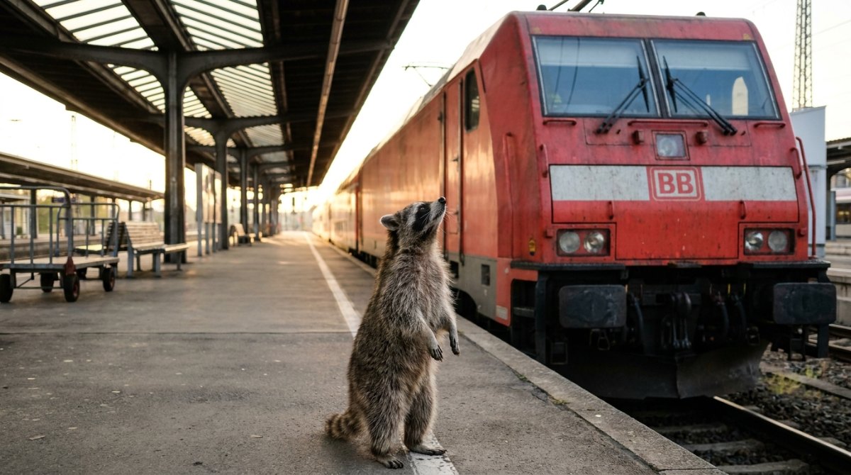 Ein Waschbär steht auf dem Bahnsteig vor einer großen roten Lok und blickt selbstbewusst zu ihr hoch