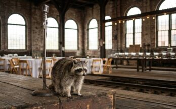 Firmenevent Auftritt: Waschbär neben dem Mikrofon auf der Bühne einer festlich gedeckten Lokhalle