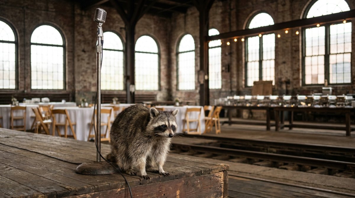 Firmenevent Auftritt: Waschbär neben dem Mikrofon auf der Bühne einer festlich gedeckten Lokhalle