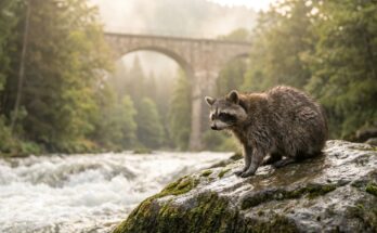 Flow wie im Wildwasser: Ein Waschbär sitzt auf einem Felsen am rauschenden Fluss unter einem alten Eisenbahnviadukt