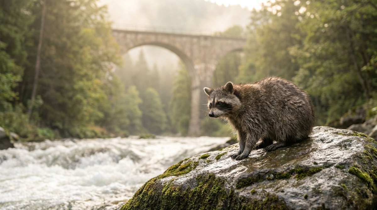 Flow wie im Wildwasser: Ein Waschbär sitzt auf einem Felsen am rauschenden Fluss unter einem alten Eisenbahnviadukt
