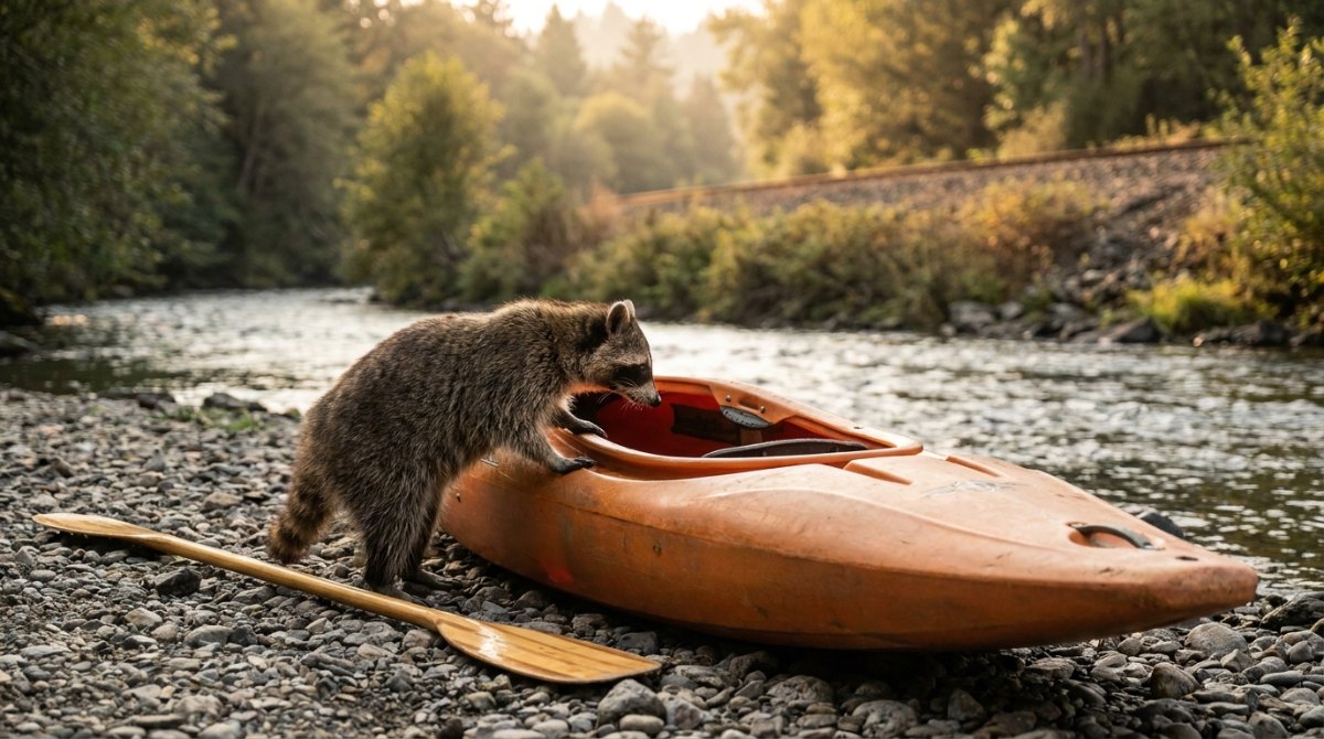 Bereit für den Flow: Ein Waschbär schaut am Kiesufer neben der Bahnstrecke in ein orangefarbenes Kajak