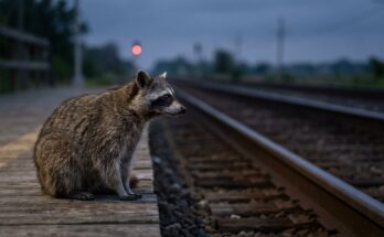 Fokus auf ein Ziel: Ein Waschbär am Bahnsteig blickt konzentriert auf ein fernes rotes Signal