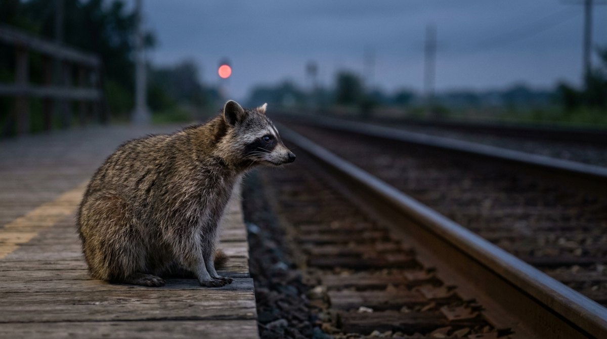 Fokus auf ein Ziel: Ein Waschbär am Bahnsteig blickt konzentriert auf ein fernes rotes Signal