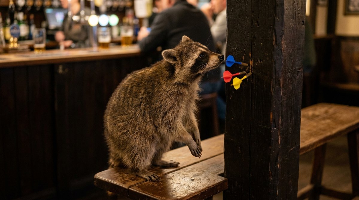 Fokus wie beim Darts: Ein Waschbär schnuppert im Bahnhofsbistro an drei Pfeilen in einem Holzbalken