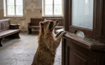 Fragen an Veranstalter: ein Waschbär steht auf den Hinterbeinen am hölzernen Schalterfenster einer alten Bahnhofshalle und schaut fragend nach oben