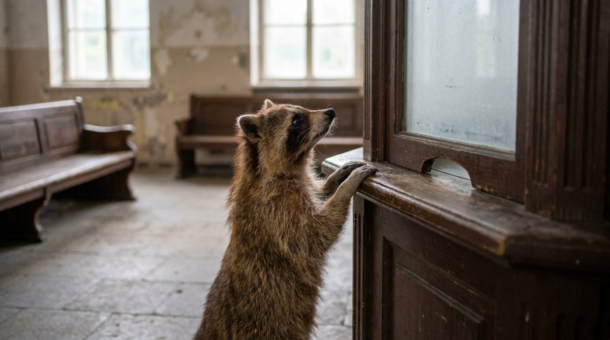 Fragen an Veranstalter: ein Waschbär steht auf den Hinterbeinen am hölzernen Schalterfenster einer alten Bahnhofshalle und schaut fragend nach oben