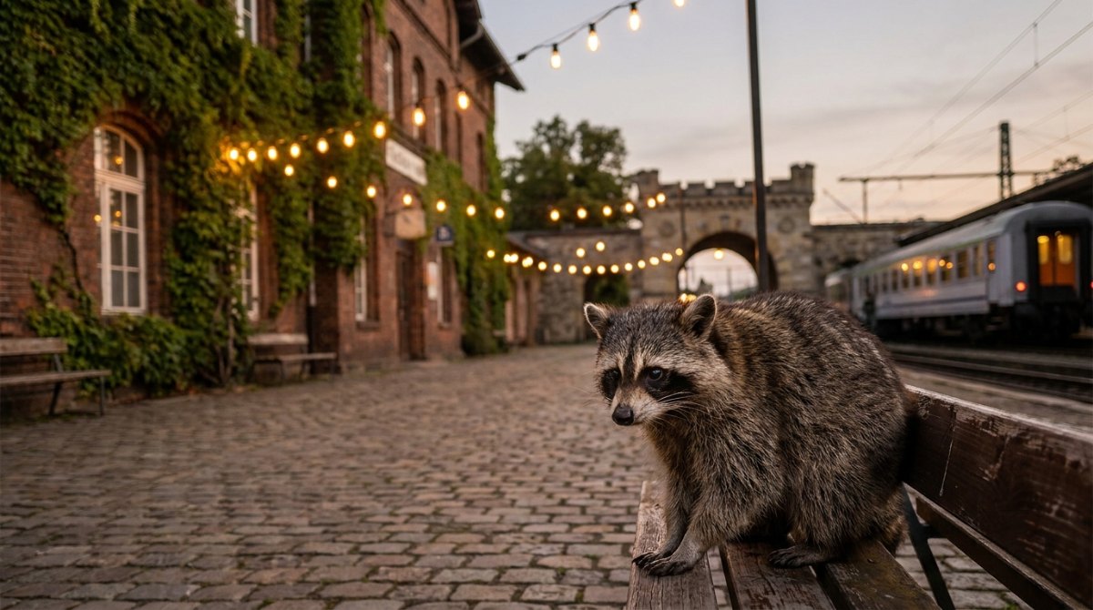 Ein Waschbär sitzt in der Abenddämmerung auf einer Holzbank vor einem Backsteinbahnhof mit Lichterketten