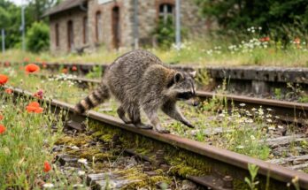 Waschbär balanciert auf einer Schiene zwischen Wildblumen – Freestyle Poesie