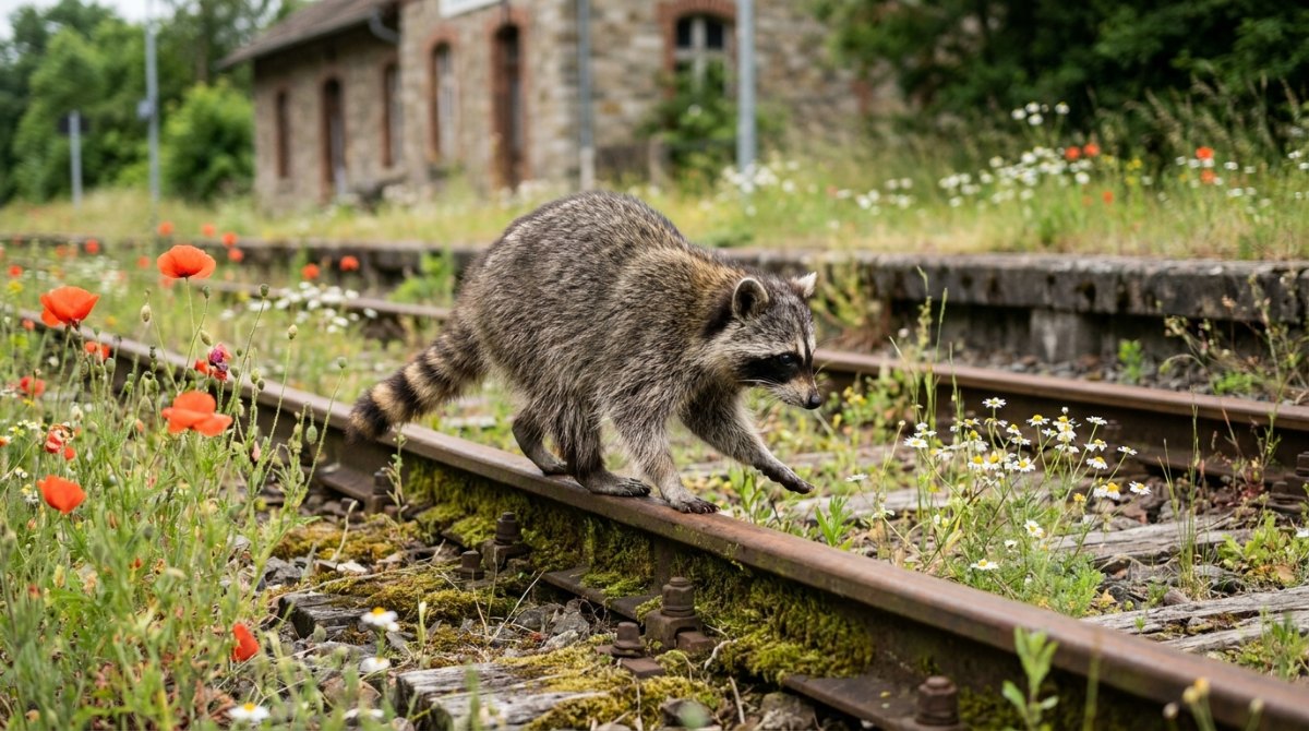 Waschbär balanciert auf einer Schiene zwischen Wildblumen – Freestyle Poesie