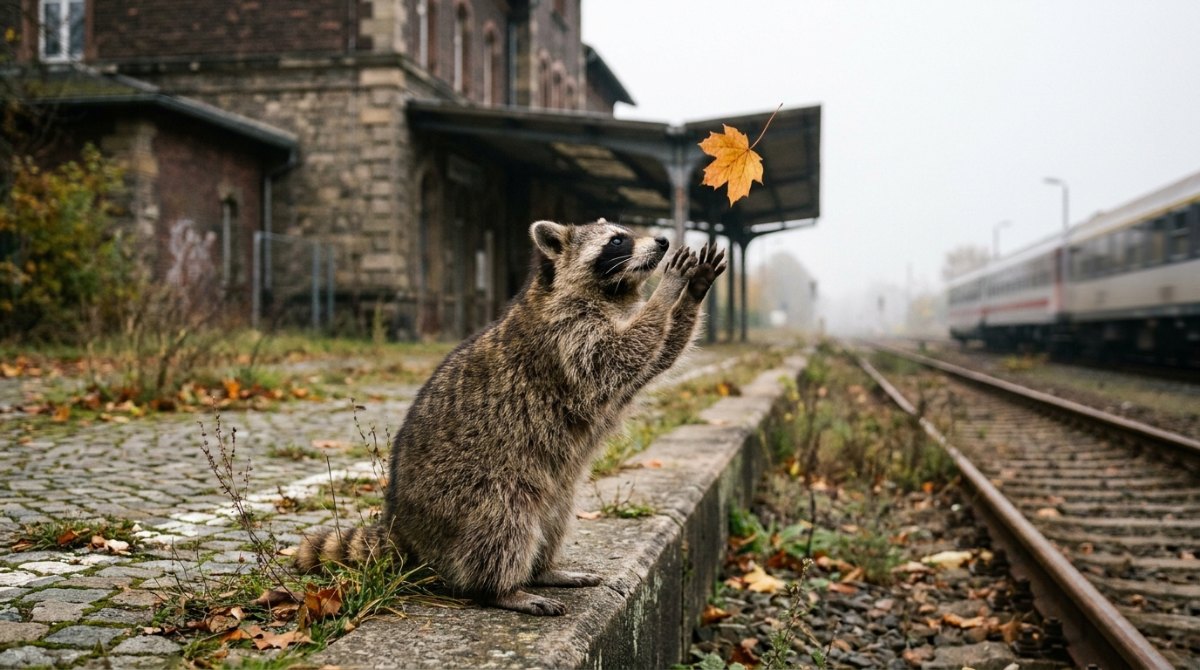 Waschbär greift am Bahnsteig nach einem fallenden Herbstblatt – Freestyle Poesie