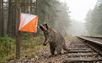 Freestyle Poetry Slam: Waschbär schnuppert an einem Orientierungslauf-Posten neben einer Bahnstrecke im Nebel